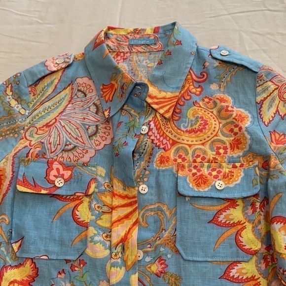 J. McLaughlin 100% linen paisley floral 3/4 length sleeve blouse size 0 - Picture 3 of 10